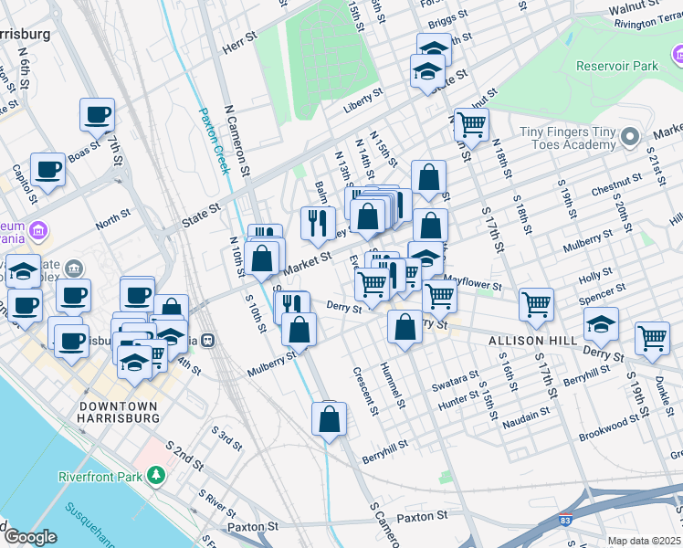 map of restaurants, bars, coffee shops, grocery stores, and more near 1101 Market Street in Harrisburg