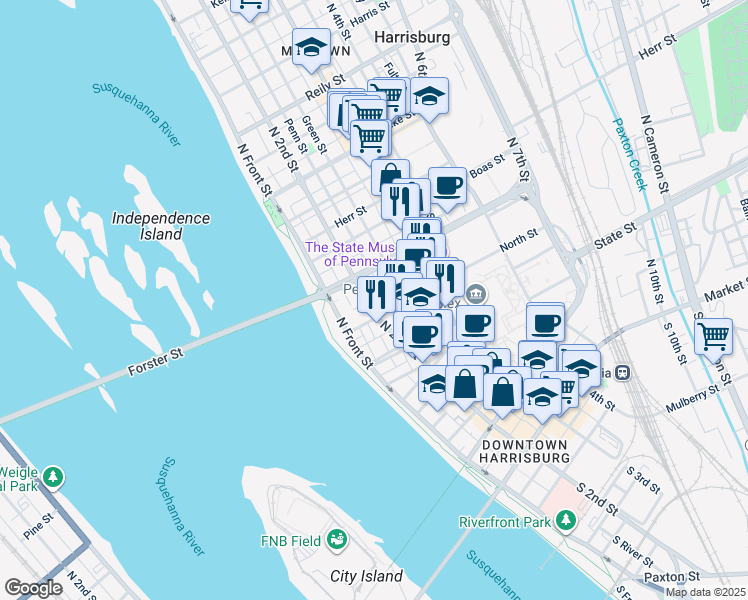 map of restaurants, bars, coffee shops, grocery stores, and more near 717 North 2nd Street in Harrisburg