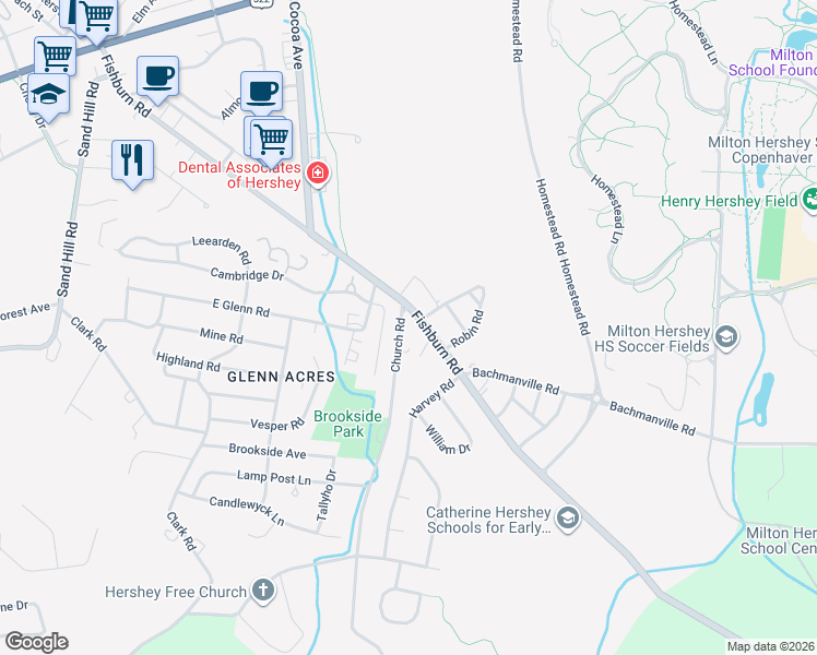 map of restaurants, bars, coffee shops, grocery stores, and more near 1325 Church Rd in Hershey