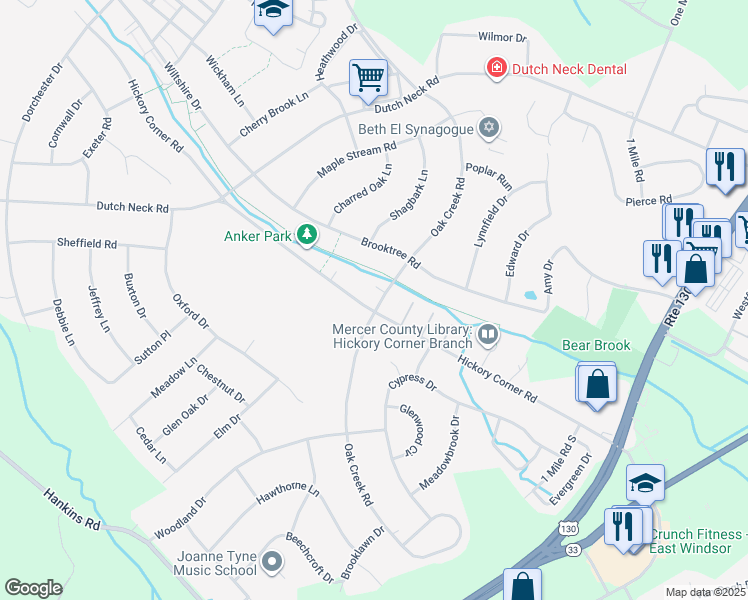 map of restaurants, bars, coffee shops, grocery stores, and more near 166 Hickory Corner Road in East Windsor