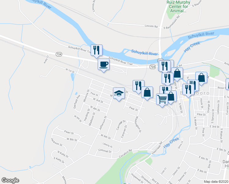map of restaurants, bars, coffee shops, grocery stores, and more near Apple Street in Birdsboro