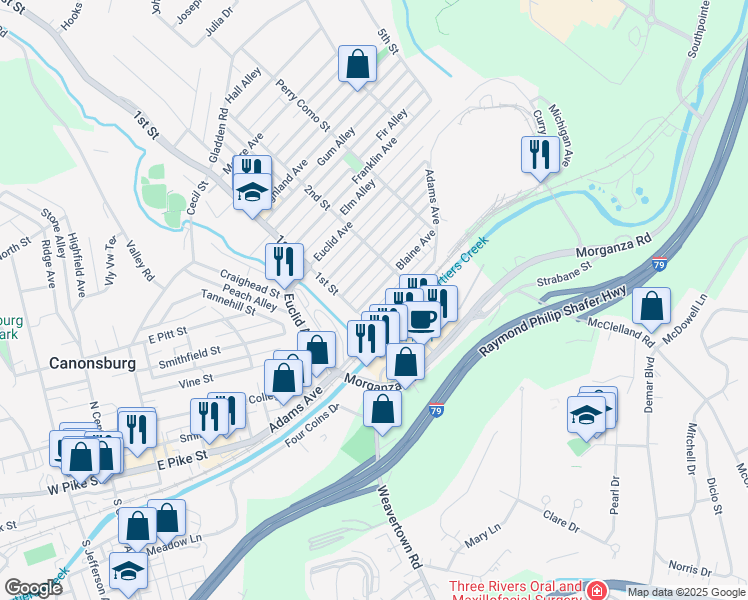 map of restaurants, bars, coffee shops, grocery stores, and more near 416 Blaine Avenue in Canonsburg