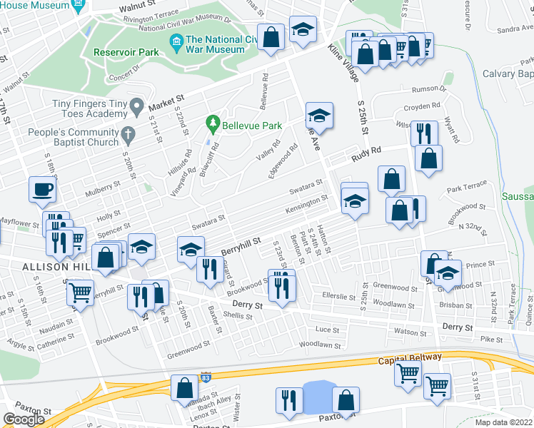 map of restaurants, bars, coffee shops, grocery stores, and more near 2302 Kensington Street in Harrisburg