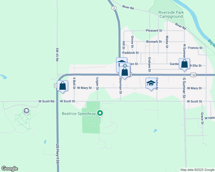 map of restaurants, bars, coffee shops, grocery stores, and more near 942 West Mary Street in Beatrice