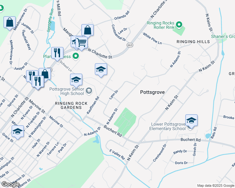 map of restaurants, bars, coffee shops, grocery stores, and more near 1400 Lynn Drive in Pottstown