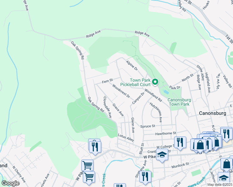 map of restaurants, bars, coffee shops, grocery stores, and more near 111 Ivy Court in Canonsburg