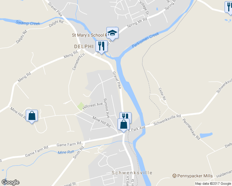 map of restaurants, bars, coffee shops, grocery stores, and more near 814 Mountainview Avenue in Schwenksville
