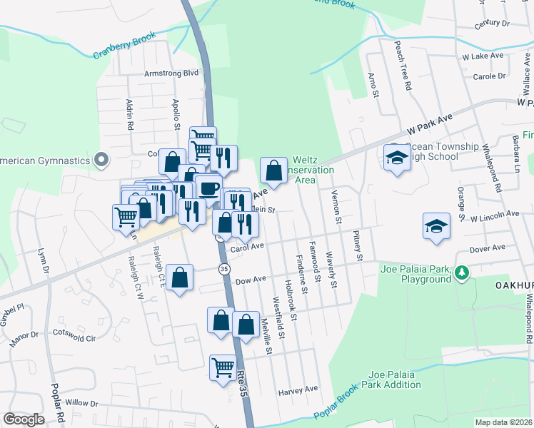 map of restaurants, bars, coffee shops, grocery stores, and more near 9 Klein Street in Monmouth County