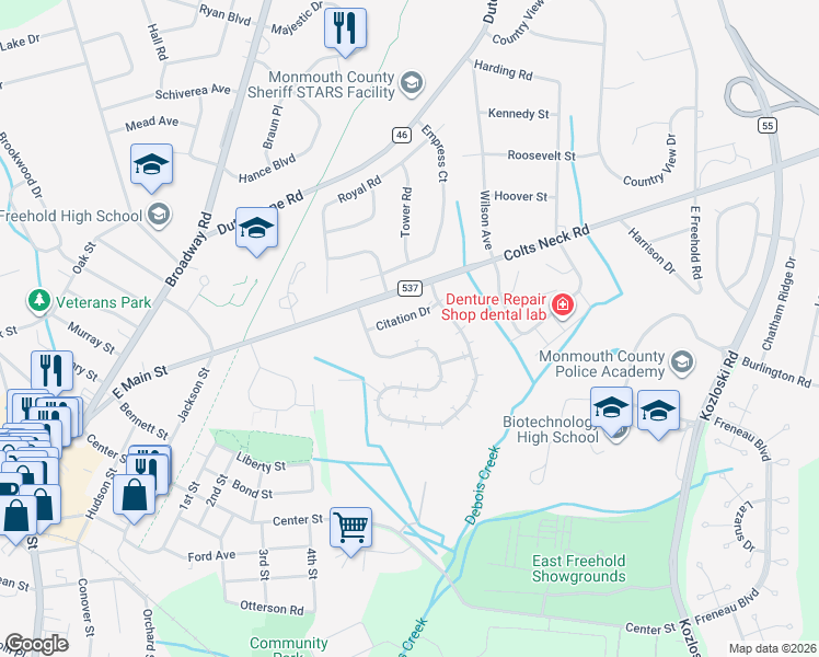 map of restaurants, bars, coffee shops, grocery stores, and more near 29 Citation Drive in Freehold