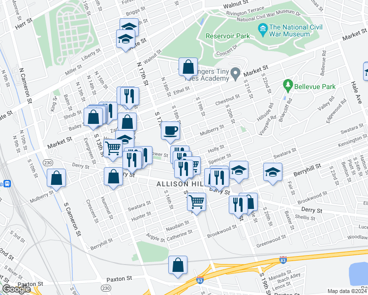 map of restaurants, bars, coffee shops, grocery stores, and more near 200 South 18th Street in Harrisburg