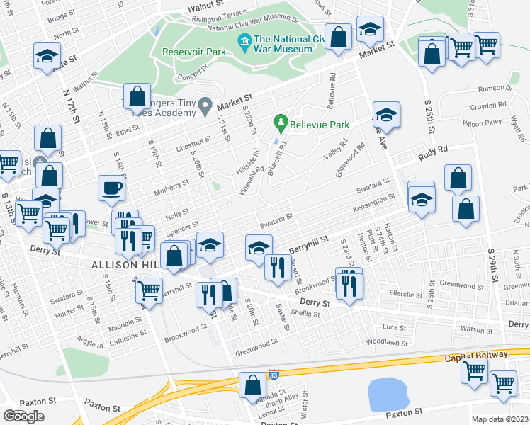 map of restaurants, bars, coffee shops, grocery stores, and more near 2115 Rudy Road in Harrisburg
