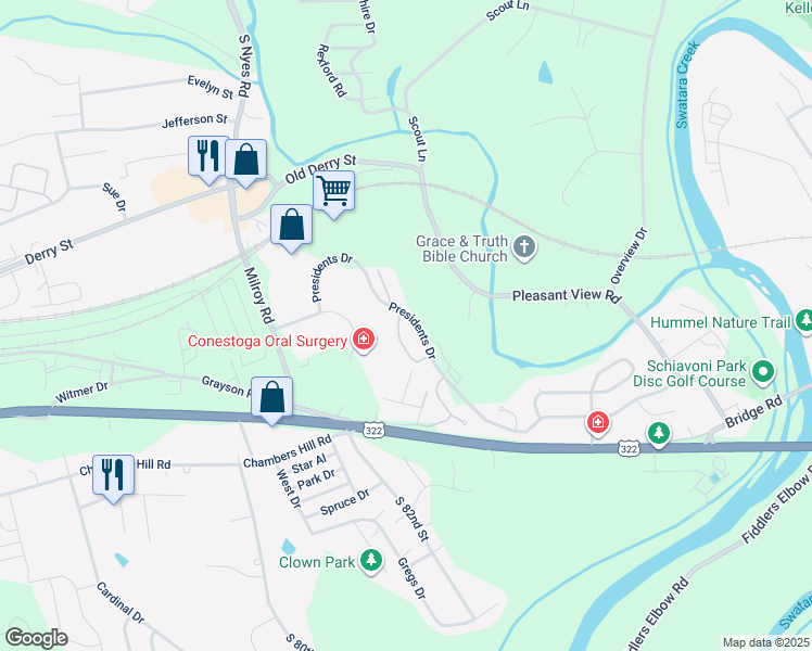 map of restaurants, bars, coffee shops, grocery stores, and more near 8301 Presidents Drive in Hummelstown