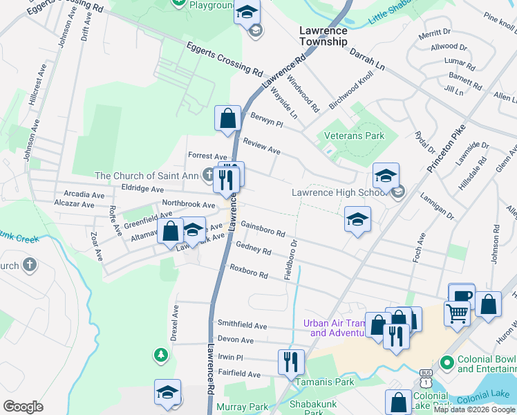 map of restaurants, bars, coffee shops, grocery stores, and more near 155 Marlboro Road in Lawrence Township