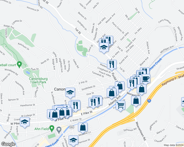 map of restaurants, bars, coffee shops, grocery stores, and more near 553 Tannehill Street in Canonsburg