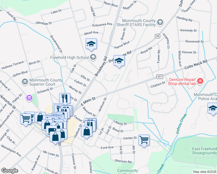 map of restaurants, bars, coffee shops, grocery stores, and more near 15 Jackson Terrace in Freehold