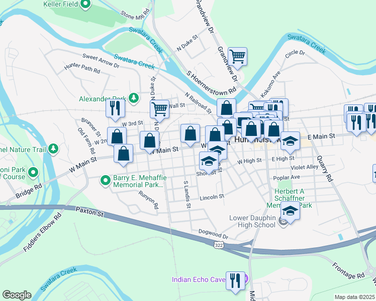 map of restaurants, bars, coffee shops, grocery stores, and more near 281 West Main Street in Hummelstown