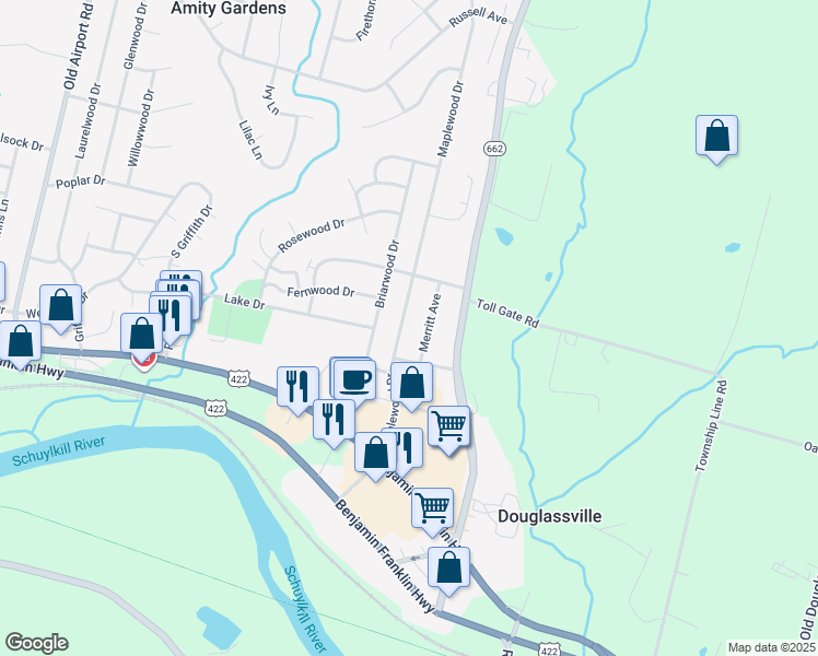 map of restaurants, bars, coffee shops, grocery stores, and more near 106 Merritt Avenue in Douglassville