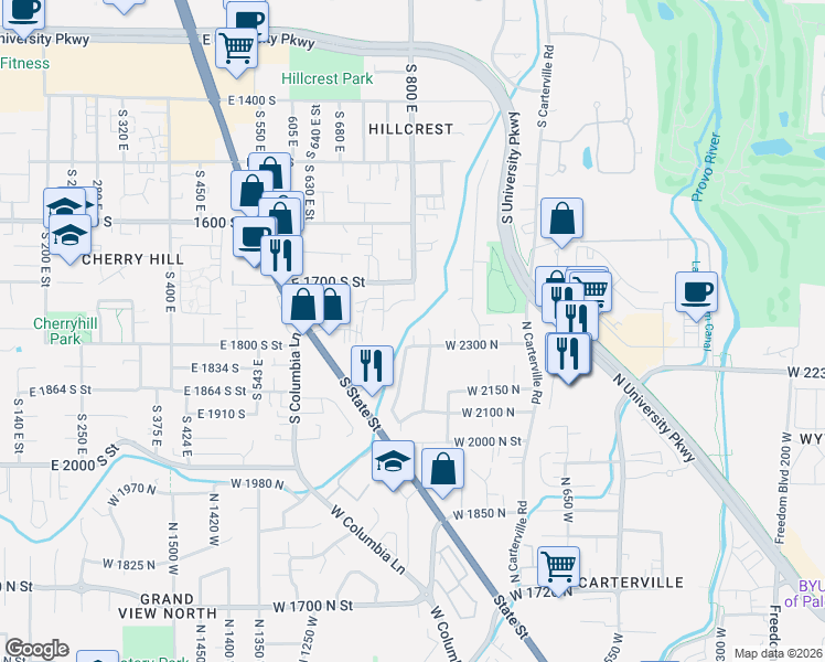 map of restaurants, bars, coffee shops, grocery stores, and more near 1026 West 2300 North in Provo