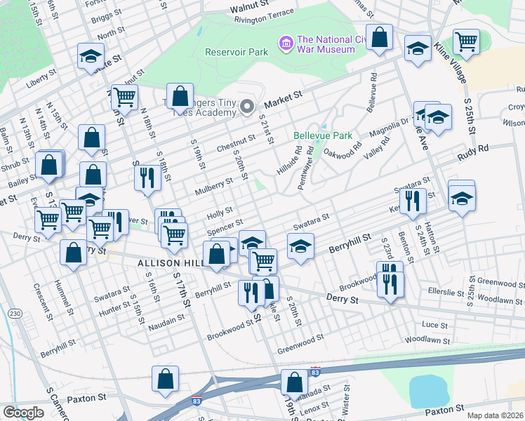 map of restaurants, bars, coffee shops, grocery stores, and more near 229 South 20th Street in Harrisburg