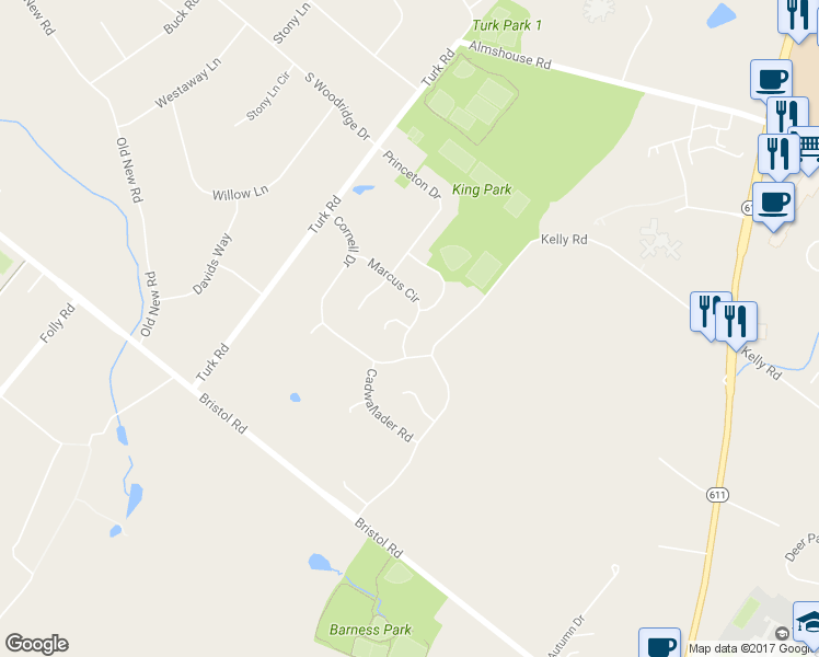 map of restaurants, bars, coffee shops, grocery stores, and more near 708 Marcus Circle in Warrington