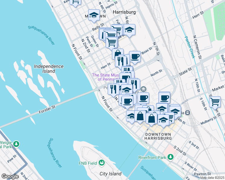 map of restaurants, bars, coffee shops, grocery stores, and more near 717A North 2nd Street in Harrisburg