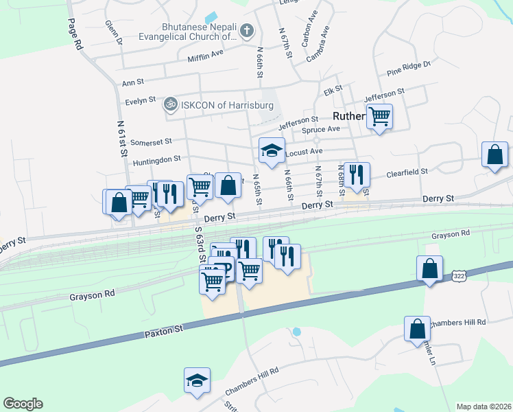 map of restaurants, bars, coffee shops, grocery stores, and more near 6490 Derry St in Harrisburg