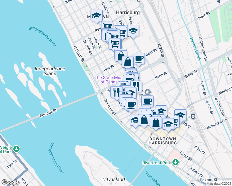 map of restaurants, bars, coffee shops, grocery stores, and more near 207 Briggs Street in Harrisburg