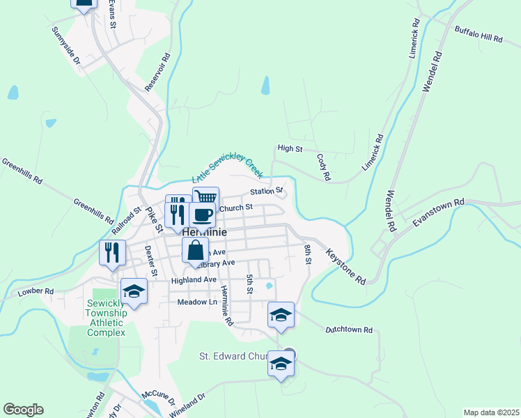 map of restaurants, bars, coffee shops, grocery stores, and more near 518 Church Street in Herminie