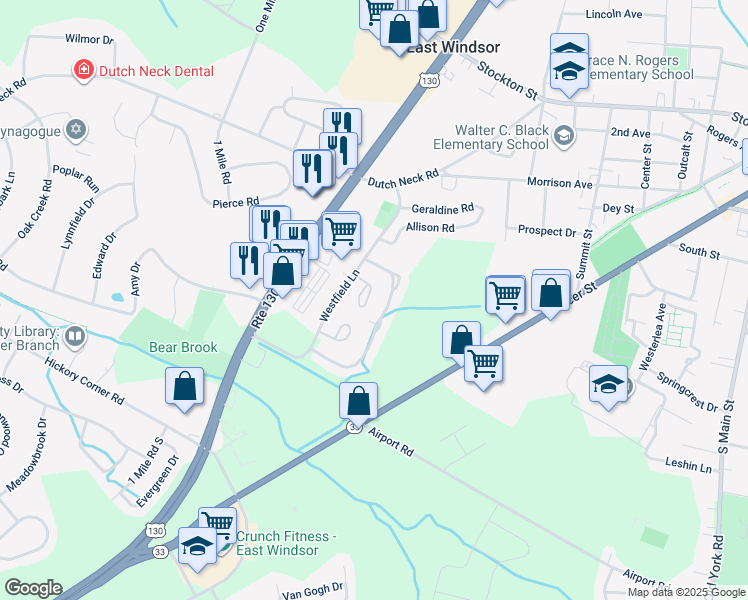 map of restaurants, bars, coffee shops, grocery stores, and more near 45 Winchester Drive in East Windsor