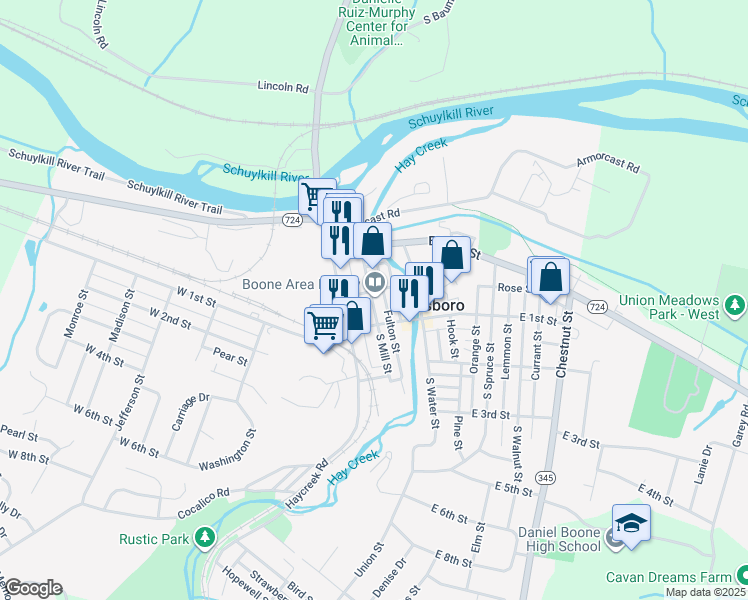 map of restaurants, bars, coffee shops, grocery stores, and more near 122 North Mill Street in Birdsboro