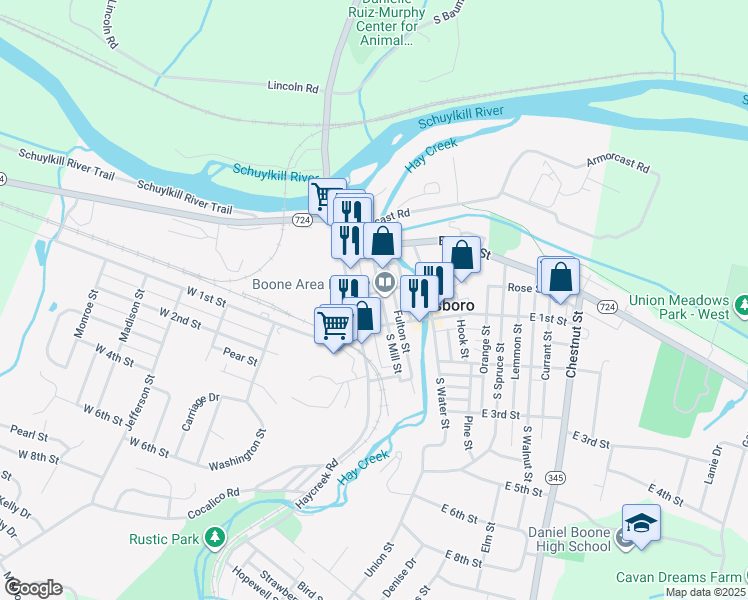 map of restaurants, bars, coffee shops, grocery stores, and more near 122 North Mill Street in Birdsboro
