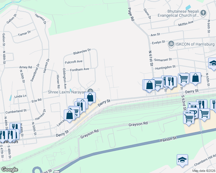 map of restaurants, bars, coffee shops, grocery stores, and more near 104 Lincoln Avenue in Harrisburg