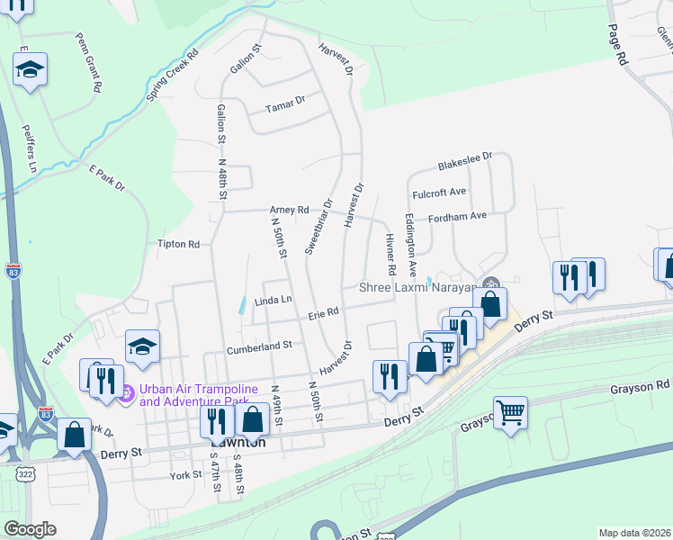 map of restaurants, bars, coffee shops, grocery stores, and more near 385 Harvest Drive in Harrisburg