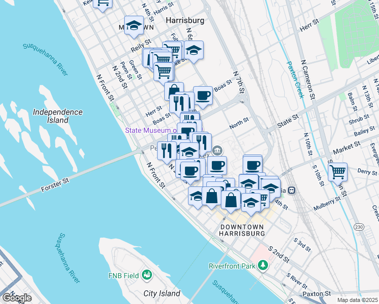 map of restaurants, bars, coffee shops, grocery stores, and more near in Harrisburg