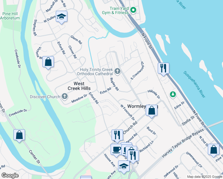 map of restaurants, bars, coffee shops, grocery stores, and more near 510 Echo Road in Camp Hill