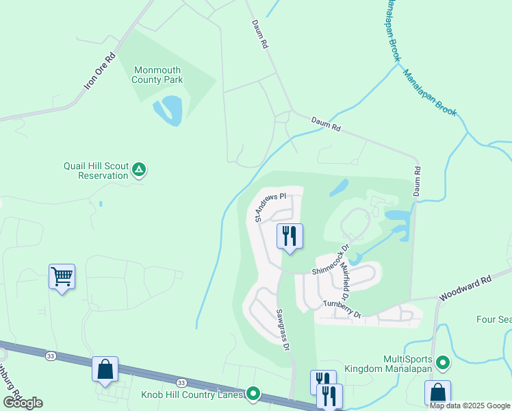 map of restaurants, bars, coffee shops, grocery stores, and more near 429 Saint Andrews Place in Manalapan Township