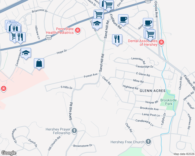 map of restaurants, bars, coffee shops, grocery stores, and more near 10 Clark Road in Hershey