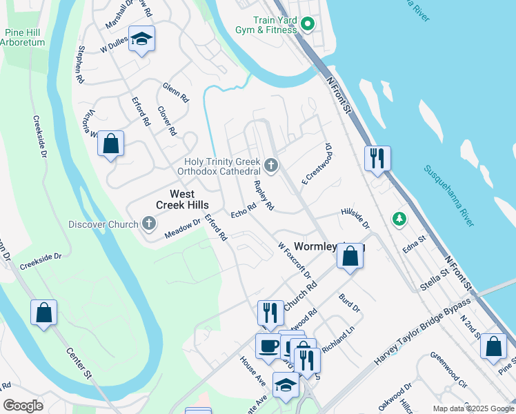 map of restaurants, bars, coffee shops, grocery stores, and more near 510 Echo Road in Camp Hill