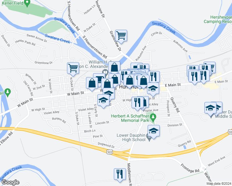 map of restaurants, bars, coffee shops, grocery stores, and more near 2 South Railroad Street in Hummelstown