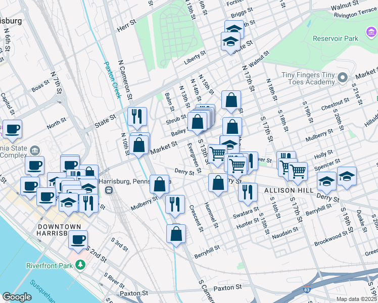 map of restaurants, bars, coffee shops, grocery stores, and more near 26 Evergreen Street in Harrisburg