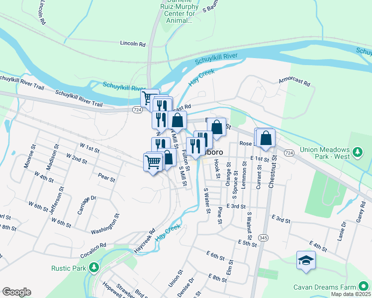 map of restaurants, bars, coffee shops, grocery stores, and more near 130 Cinder St in Birdsboro