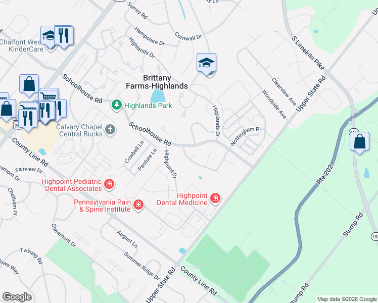 map of restaurants, bars, coffee shops, grocery stores, and more near 101 Larkspur Court in Chalfont