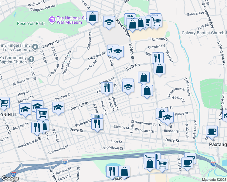 map of restaurants, bars, coffee shops, grocery stores, and more near 2429 Berryhill Street in Harrisburg