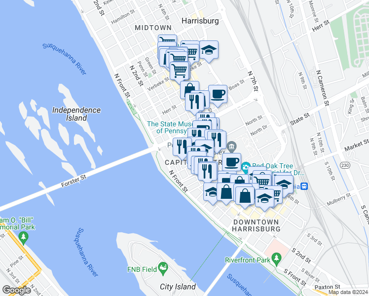 map of restaurants, bars, coffee shops, grocery stores, and more near 215 Briggs Street in Harrisburg