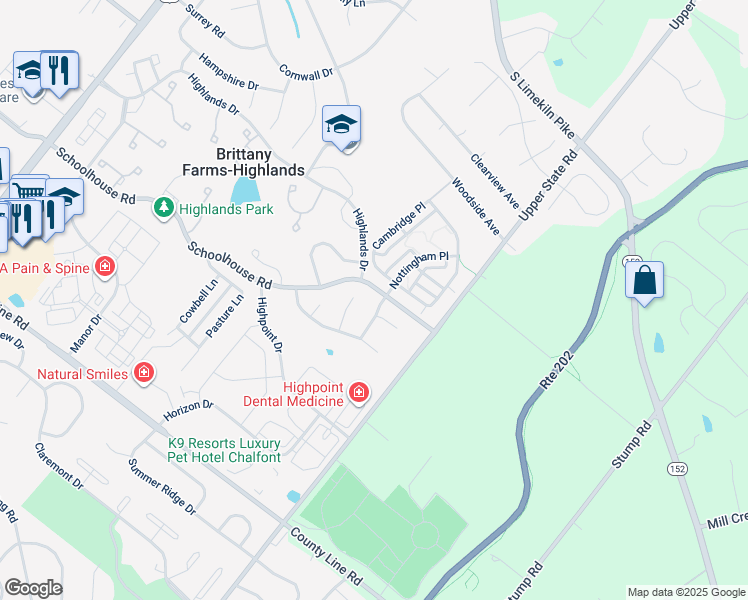 map of restaurants, bars, coffee shops, grocery stores, and more near 302 Wyndale Drive in Chalfont