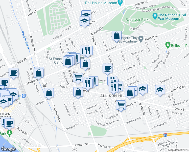 map of restaurants, bars, coffee shops, grocery stores, and more near 47 South 14th Street in Harrisburg