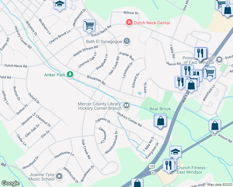map of restaurants, bars, coffee shops, grocery stores, and more near 48 Brooktree Road in East Windsor