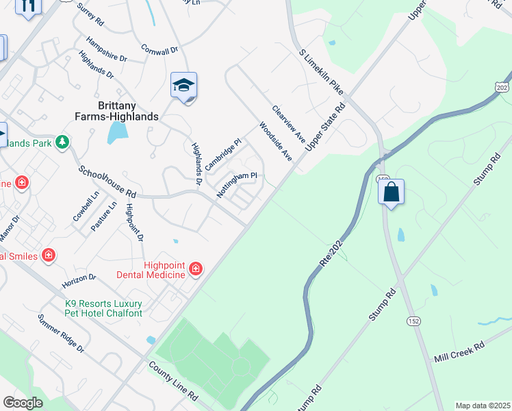 map of restaurants, bars, coffee shops, grocery stores, and more near 219 Cambridge Place in Chalfont