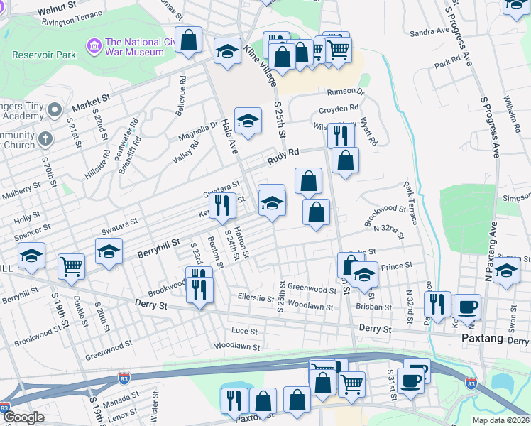 map of restaurants, bars, coffee shops, grocery stores, and more near 2472 Adrian Street in Harrisburg