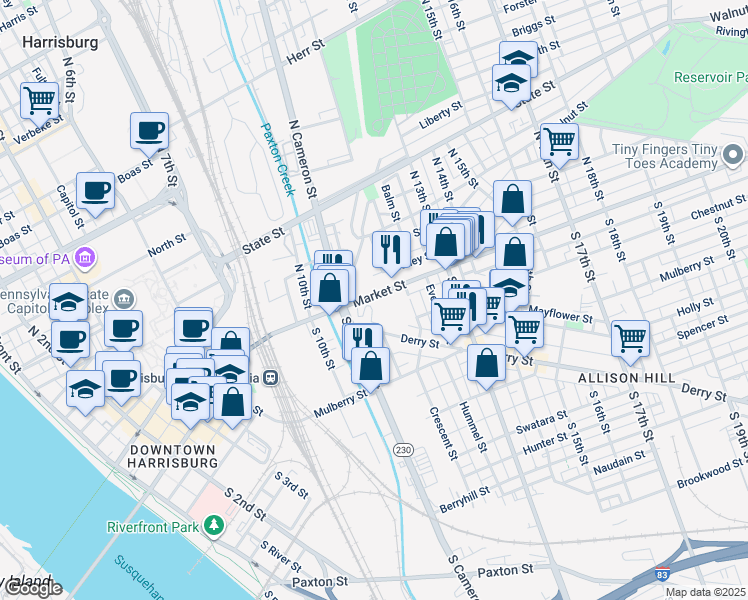map of restaurants, bars, coffee shops, grocery stores, and more near 1135 Market Street in Harrisburg